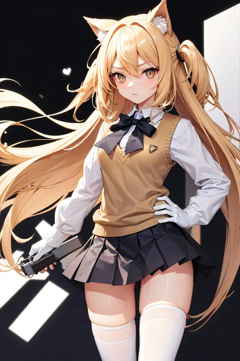 Girl with long blonde hair, A white shirt stands in front of a white background, Gun in hand, 1 girl, Blonde hair, Breasts, controller, Whole body, mitts, Long hair, Looking at the audience, Close one eye, Pleated skirt, school uniform, shokuhou misaki, sh...