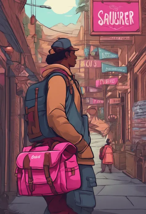 courier with a backpack. his clothes are in dark pink colors. in the foreground is a sign with the inscription. made in cartoon style