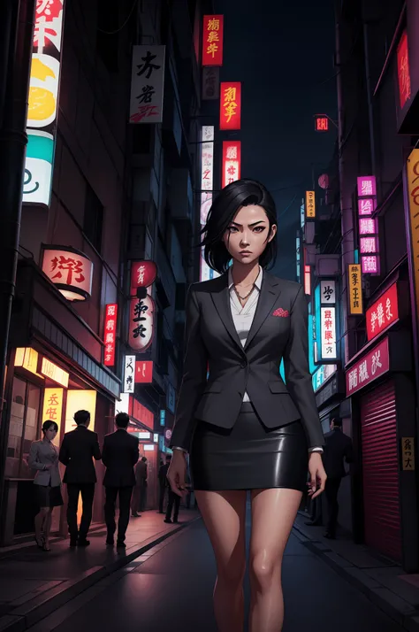 japanese yakuza mobster girl with a dark gray suit, miniskirt, pencil skirt, facial scar, stylish, hdr, intricate details, hyperdetailed, cinematic, rim light, danger atmosphere, noir, night, cyberpunk lighting, tokyo street,