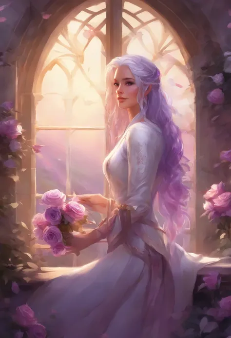 comfortable smile,man,be looking straight ahead,solo,long white&purple hair, purple eyes, white shirt, upper body, holding mauve roses, fantasy beautifully lit window,