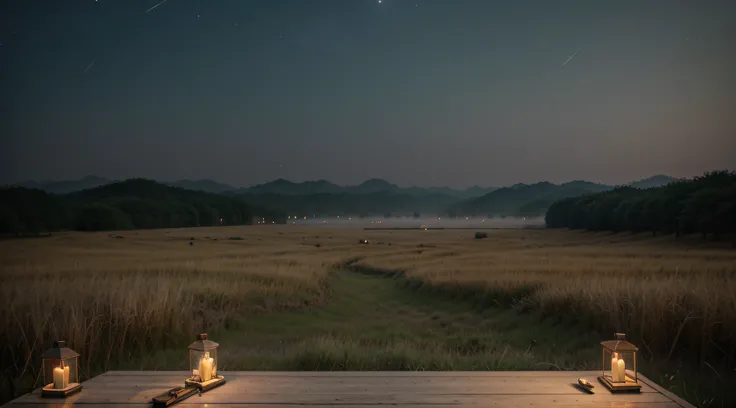 The Wide Plains of Korea, A flat bed in the middle of a field of reeds, Candles lit on a flat table, Tea on the table, Nightscape, haze, fireflies, deer, Thick fog