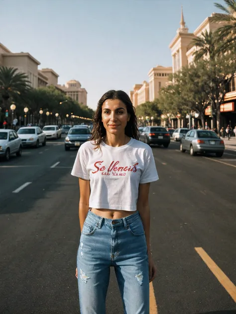 A stunning intricate full color portrait of a wet 37 year old shy Turkish woman, wearing White t-shirt, high-waisted jeans, and sneakers, Sparkling Las Vegas Strip, many spectators, epic character composition,by ilya kuvshinov, alessio albi, nina masic,sha...