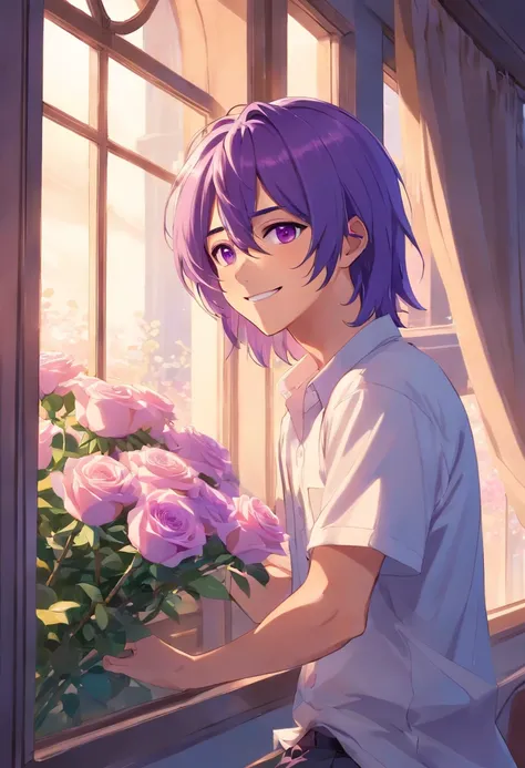 comfortable smile,man,be looking straight ahead,solo,long white&purple hair, purple eyes, white shirt, upper body, holding mauve roses, fantasy beautifully lit window,man,male,boy,masterpiece