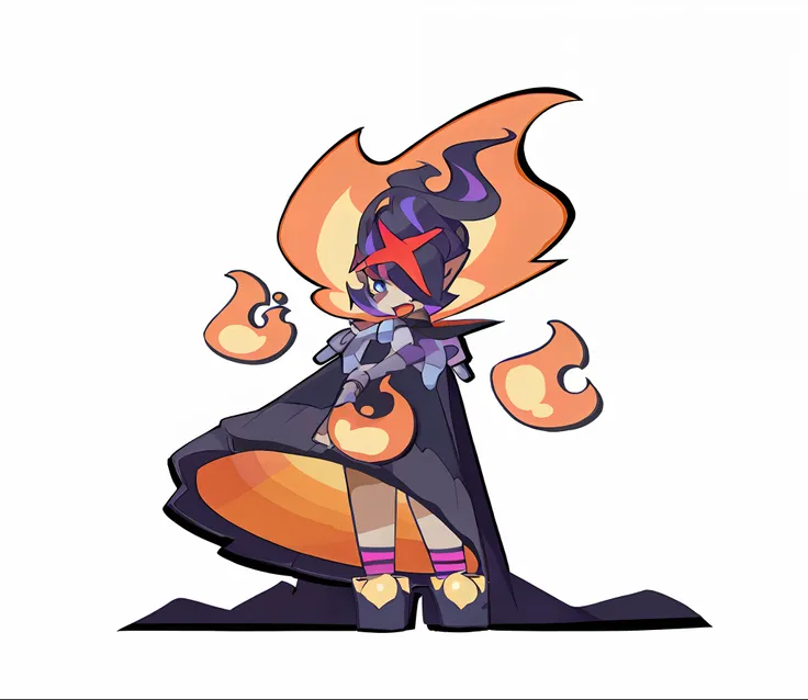 Cartoon image of a girl in a cloak and holding a fire, she has fire powers, dark witch character, dark sorceress fullbody pose, supervillain sorceress witch, firemage, Fire!! full bodyesbian, epic mage girl character, dark sorceress full view, evil sorcere...