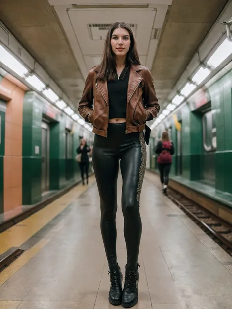 photo of S197_IvankaPeach,a stunning woman,in a (subway:1.1),wearing a (leather-jacket:1.1) and (leggings:1.1),(8k, RAW photo, best quality, depth of field, ultra high res:1.2),(absurdres, intricate, photorealistic, masterpiece, ultra-detailed:1.3),