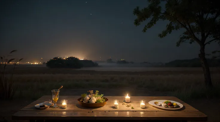 Angle from the sky, The Vast Plains of Korea, Flat bed in the middle of a reed bed, Candles lit on a flat table., Tea on the table, night scene, haze, Fireflies, deer, thick fog