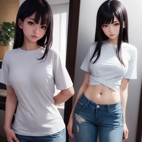 Alafi Asian woman in jeans posing in room, wearing tight simple clothes, Realistic anime 3 D style, Realistic art style, Fully clothed. painting of sexy, IG model | Art germ, Tight shirt, Realistic art style, realistic shadow perfect body, wearing tight sh...