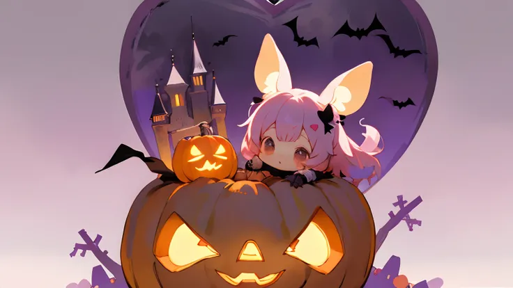 PastelColors、Halloween、The best light source、ultra-detailliert、Super beautiful、Chibi、Cute pumpkin lantern、trick or treat、Hidden heart-shaped balloon、The background is an abandoned castle、fullmoon、Bat on the full moon、Is the feast a rabbit、Gradient Rainbow ...