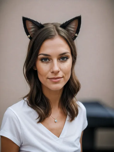 photo of sexy Princess of Sweden is known for her charismatic personality, shirt tug, tshirt , sexy (cat ears), (high detailed skin:1.4), 8k uhd, dslr, high quality, film grain, Fujifilm XT3, sharp focus