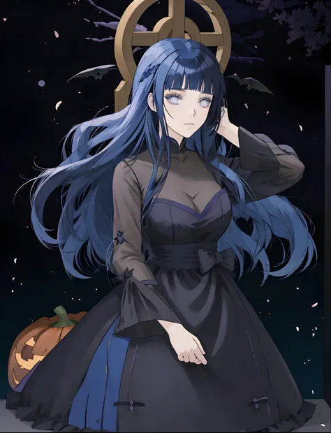 anime girl with long blue hair and black dress standing in front of a flowered wall, holo, hinata hyuga, shoujo manga character design, anime girl with long hair, halloween, dark blue hair, blunt bangs, halloween theme