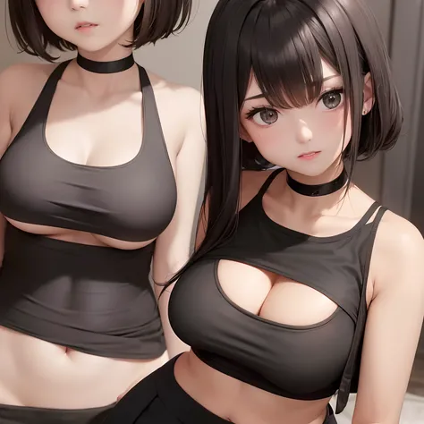 Close-up of a woman in a black top and brown skirt, Black top, she is wearing a black tank top, tight black tanktop, seductive anime girls, Black bra, wearing a cropped black tank top, Sexy girl, wearing sexy cropped top, wearing a black cropped tank top, ...