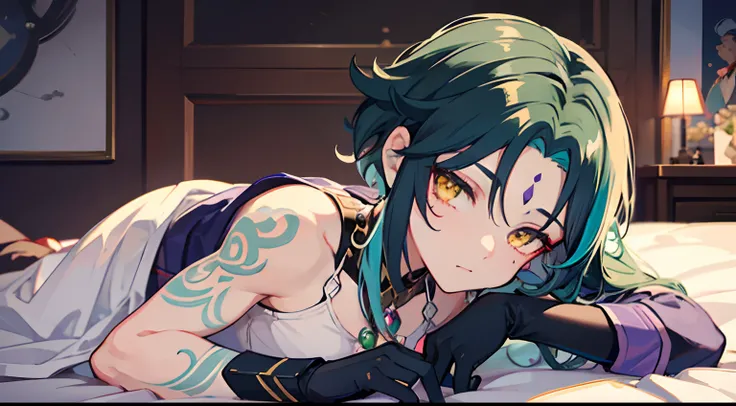 best quality, best anatomy, beautiful face, press arm on bed, xiao, (genshin impact), gloves, tattoo, arm tattoo, necklace, jewelry,green hair, bead necklace, mark on forehead, purple mark on forehead, multicolored hair, beads, yellow eyes, 1boy, male focu...