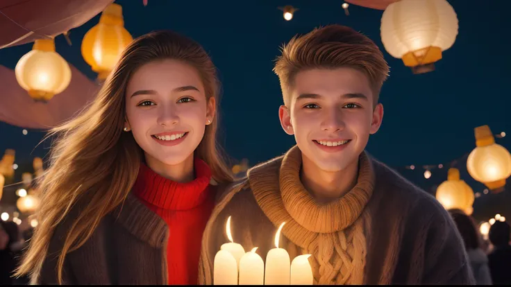 Photo of a 16-year-old Croatian boy and girl, a man and a woman with different hairstyles, flying lanterns at a lantern ceremony. Happy smile, lovely full body, blurred_bright_background, highly detailed, 8K, digital painting, popular on Pinterest, Harpers...