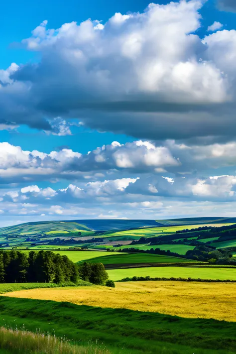 steppe landscape，blues sky and clouds,  green forest, Dingdall effect，a country road，Colorful hot air balloons，high quality desktop wallpaper, verdant forest, detailed fields nature, beautiful english countryside, Stunning landscape, Rolling hills, Landsca...