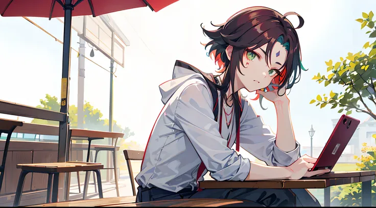 Xiao (genshin impact), 1 boy, animal fangs bones necklace, arm tatoo, dark red hair, multicolor hair, green eyes, red mark on forehead, red shirt, on phone, confused, impotent, sighed, sigh, calling phone, grey pants, normal outfit, home outfit, outside, i...