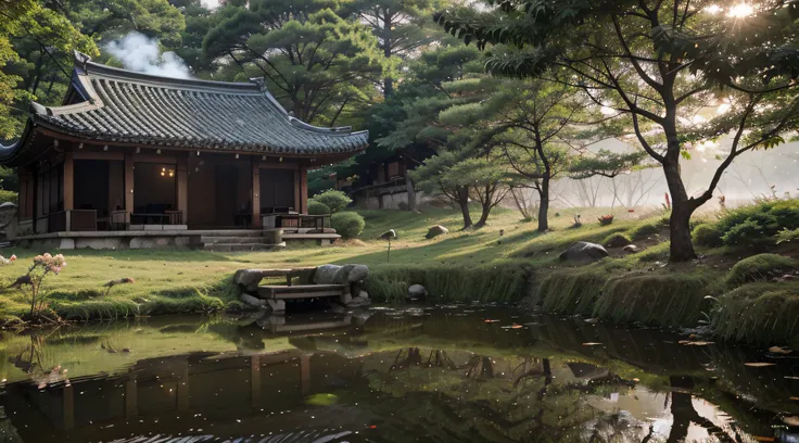 Dawn Scenery, In the dense forests of Korea, Small pond, A deer comes to the pond to drink water, A small hanok built behind a pond, In front of the hanok, smoke rises from a dying bonfire. Unrealistic, Dreamy