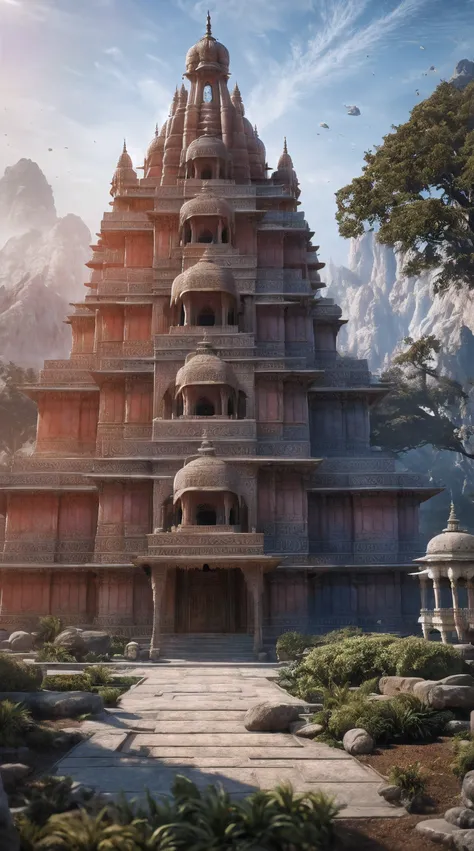 ! 3D render, Depth of Field,  Epic realistic textures, Highly detailed Indian temples , express, abstract,  ultra-detail, Dynamic lighting, Concept Art, Leading lines, rule of thirds, HDR, 10, unreal engine 5, octanerender, trending on artstation, Inspired...