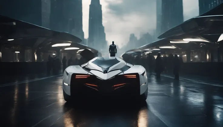 Draw the batman in metallic white uniform in a futuristic city with great technologies