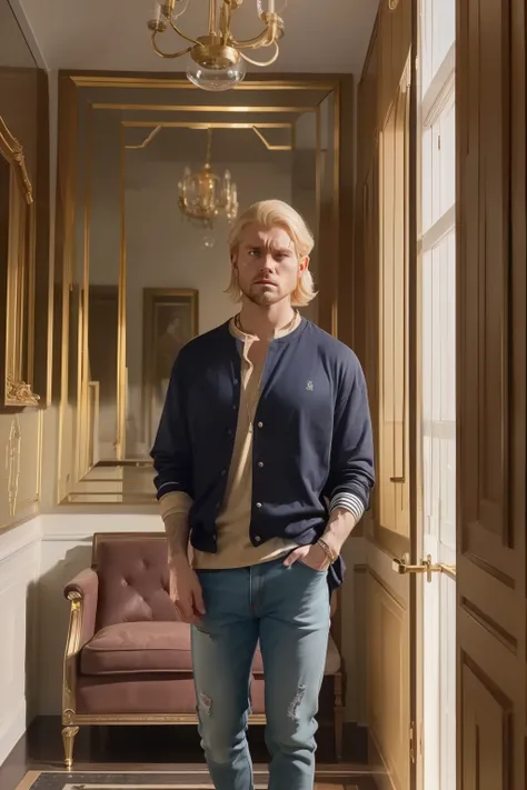 year: 2023. Location: Madrid. Pre-Raphaelite scene with a 33-year-old blonde man, in a luxurious room, ((angry and sad)), ((((casual clothing from the 2020s)))) ((Hairstyle of the 2020s)), ((("OMITB" cinematography)))