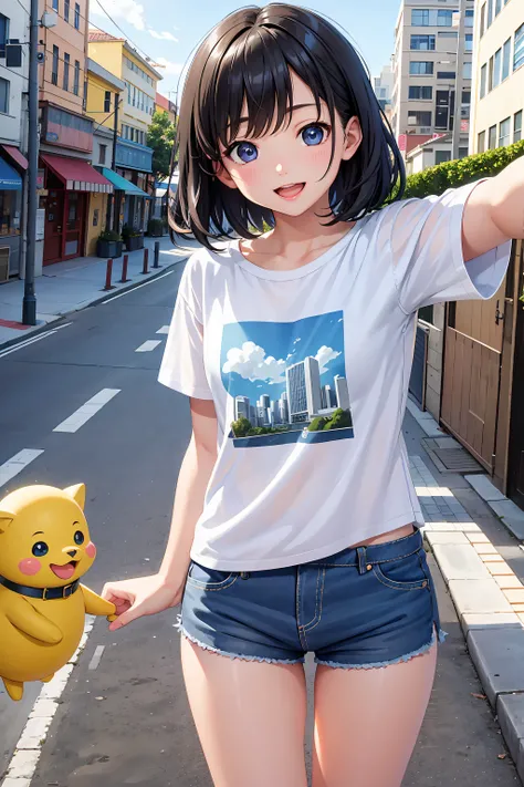 selfie,Beautiful illustration、masterpiece, top-quality、((city)), 1 girl,A Cute little girl、mini girl, 4th grade elementary school student、standing, seductive smile, open mouth, black hair, short hair,blue eyes、hot pants, Tshirts, lovely thighs、glowing thig...