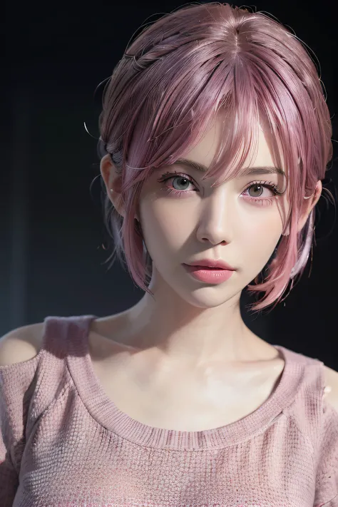 (masterpiece:1.3), (8k, photorealistic, RAW photo, best quality: 1.4), (1girl), beautiful face, (realistic face), (pink hair, short hair:1.3), beautiful hairstyle, realistic eyes, beautiful detailed eyes, (realistic skin), beautiful skin, (sweater), absurd...