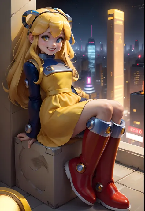 masterpiece, high quality, megamanroll, 1girl, solo, gold eyes, blonde hair, ringlets, smile, boots, yellow dress, long hair, lo...