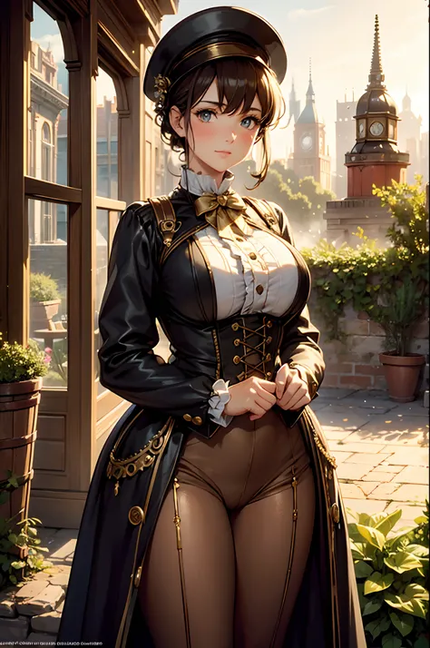 (High quality,High resolution,Fine details,Realistic),steampunk garden,solo,Adult Woman,sparkling eyes,blush,Large breasts,Sweat,Oily skin,wearing a Victorian-inspired outfit,filled with brass gears,steam-powered machinery,intricate clockwork sculptures,la...