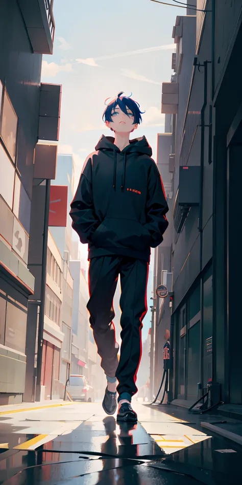 anime boy walking down a city street in a black hoodie, artwork in the style of guweiz, tall anime guy with blue eyes, anime style 4 k, full body portrait of a short!, anime full body illustration, anime art wallpaper 8 k, anime style. 8k, digital anime il...