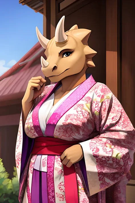 a woman with the head a triceratops, wearing pink kimono