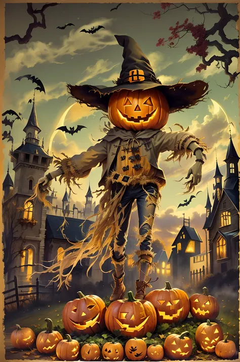 （（（halloween-themed poster。）））a scarecrow wearing a jack-o-lantern in front of the castle, halloween art style,