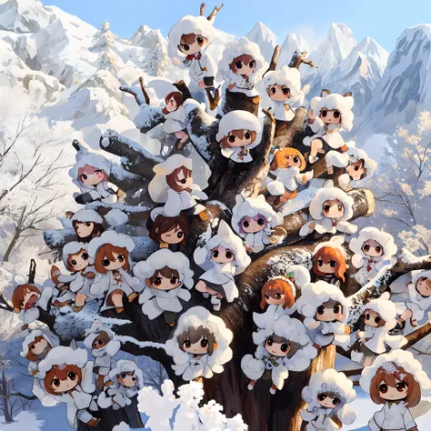 On a withered tree,
Chibi wearing fluffy clothes,
Gathered in large numbers on dead trees,
looks like a single hoarfrost