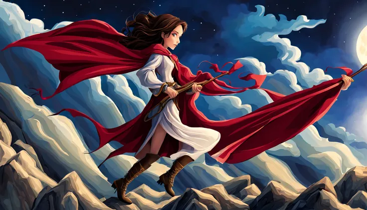 masterpiece, best quality, ultra-detailed, illustration, 1girl, solo, fantasy, flying, broom, night sky, outdoors, magic, spells, moon, stars, clouds, wind, hair, cape, hat, boots, broomstick, glowing, mysterious, enchanting, whimsical, playful, adventurou...