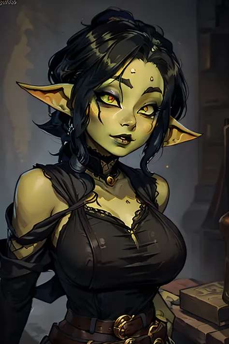 Goblin Girl,  Robbers clothes, Sorcerer Archaeus, Yellow eyes, black make-up, Portrait in DND style