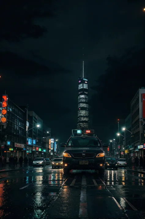 A bustling, rain-soaked cityscape at night, with skyscrapers stretching into the dark sky. Neon signs and car headlights create a vivid contrast against the black backdrop.