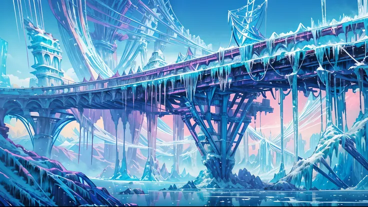 masterpiece, concept art, close shot, shot from below, steampunk bridge rail with (rime ice:1.5), full of pipes, ice world, blue and purple color pallet, (epic composition, epic proportion), (beautiful and aesthetic:1.5), zentangle, fractal art, hypermaxim...