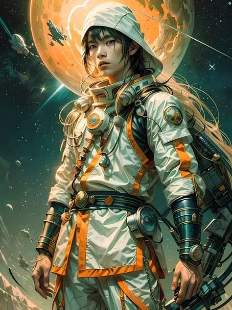 master-piece，1 monk warrior boy with white and orange tech suit clothes green long hair，laces，Abstract retro sci-fi background，art of moebius，dynamicpose，Wandering Earth，Space Starry Sky