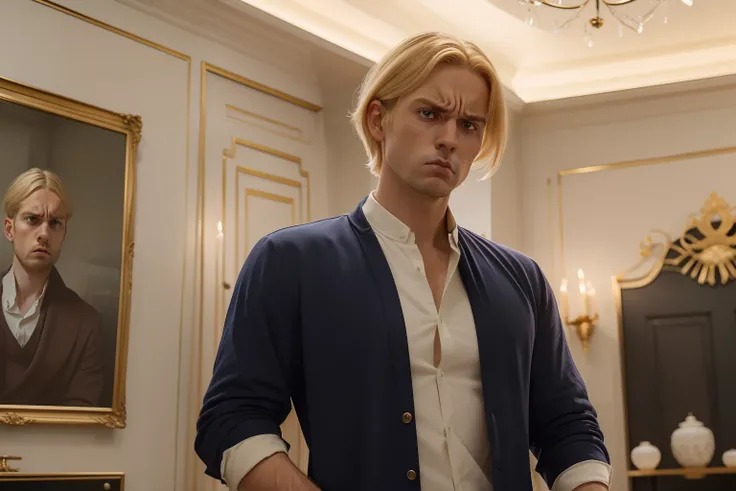 year: 2023. Location: Madrid. Pre-Raphaelite scene with a 33-year-old blonde posh man, in a luxurious room, ((((angry and sad)))), ((hurt look)), ((((casual clothing from the 2020s)))) ((short Hairstyle of the 2020s)), ((("OMITB" cinematography)))