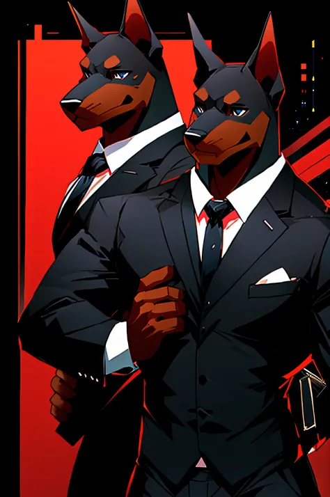 (man in black suit and tie)comic strip、anthropomorphic doberman dog、cyberpunked