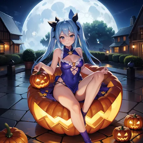 Super Idol　a beauty girl　A charming smile　sky blue hair　length hair　Twin-tailed　Halloween　Open-air bath made of large pumpkins　a moon　starrysky