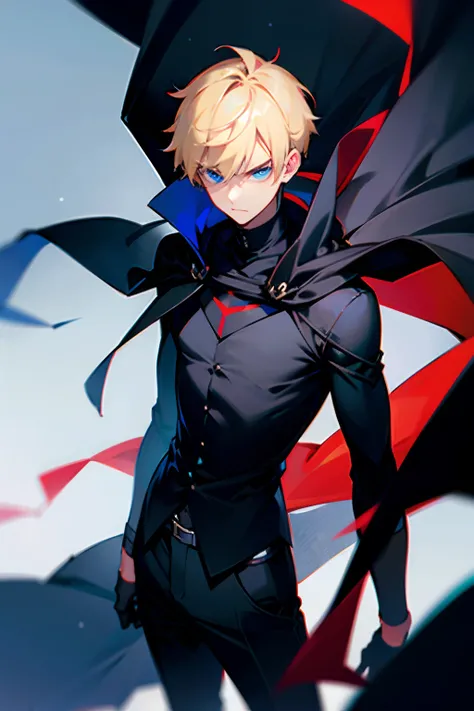 1boy, short blonde hair, blue eyes, black cape, black shirt. black trousers, serious, red aura, slim