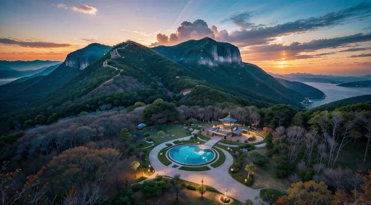 Scenery of Korea, Korean  beauty, Healing Forest, A Moment of Healing, Time for Meditation, (Breathtaking views:1.1),A sky full of clouds,Sacred, Celestial Light,cliff,colourful colors,alluring atmosphere,Phenomenal Scenery,Majestic clouds,Majestic views,D...