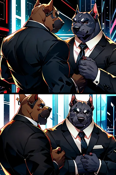 (man in black suit and tie)comic strip、anthropomorphic pit bull dog、cyberpunked