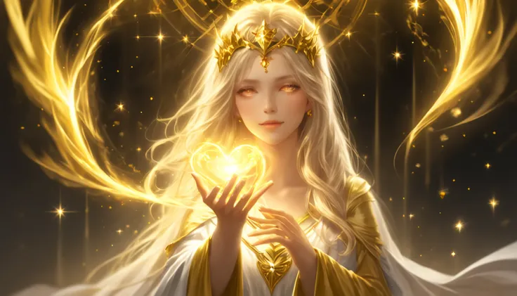 Deusa Dourada Freyer, Deusa Majestosa do Amor e da Magia, Your hands glow with mysterious power.Her hands glow warm and enchanting.His presence is a light of hope and joy.Her golden aura is、It is a glowing golden aura of love and protection.Brilho da estre...