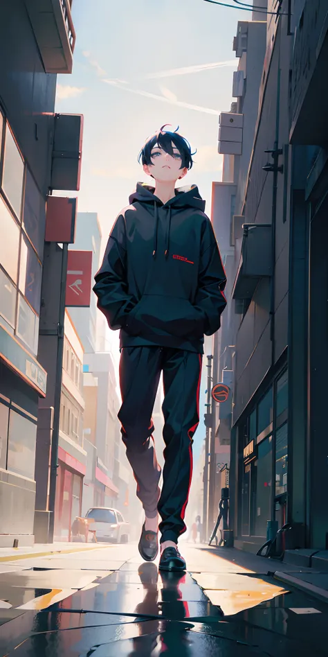 anime boy walking down a city street in a black hoodie, artwork in the style of guweiz, tall anime guy with blue eyes, anime style 4 k, full body portrait of a short!, anime full body illustration, anime art wallpaper 8 k, anime style. 8k, digital anime il...