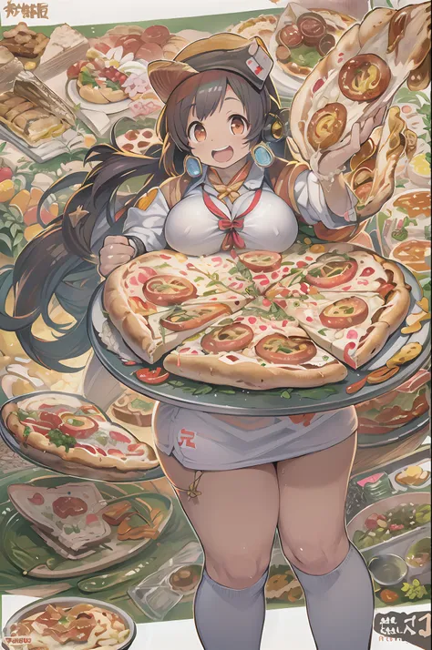 masutepiece, Best Quality, 女の子1人、huge-breasted、bbw、Holding (Giant pizza slices)1.5、Thumbs up、huge smile、Plastic bottles of cola、