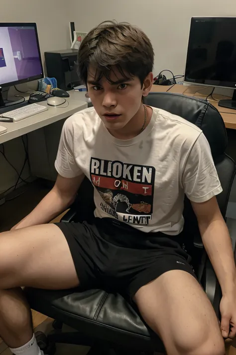 a 20-year-old boy, with an angry face, sitting on a gaming chair, with a computer in the background