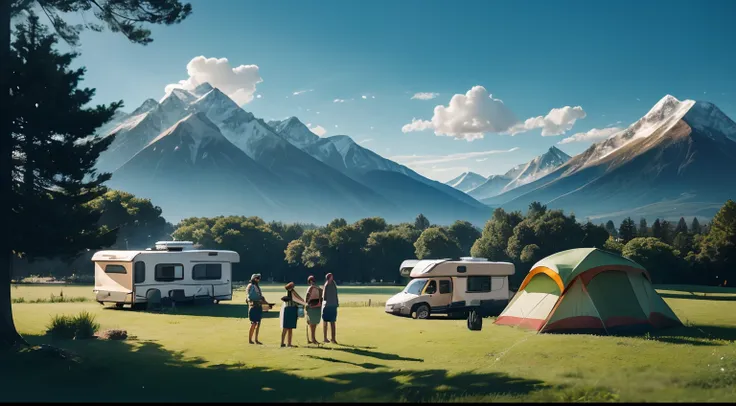 lawns，camping，rays of sunshine，RV，tenten，Distant mountains，Vast lawn，People drink tea together，Barbecue together，Cook together，Prepare food，Everyone laughed happily，With a smile on your face，Local artistic conception、Conceptual style，Facial expressions are...