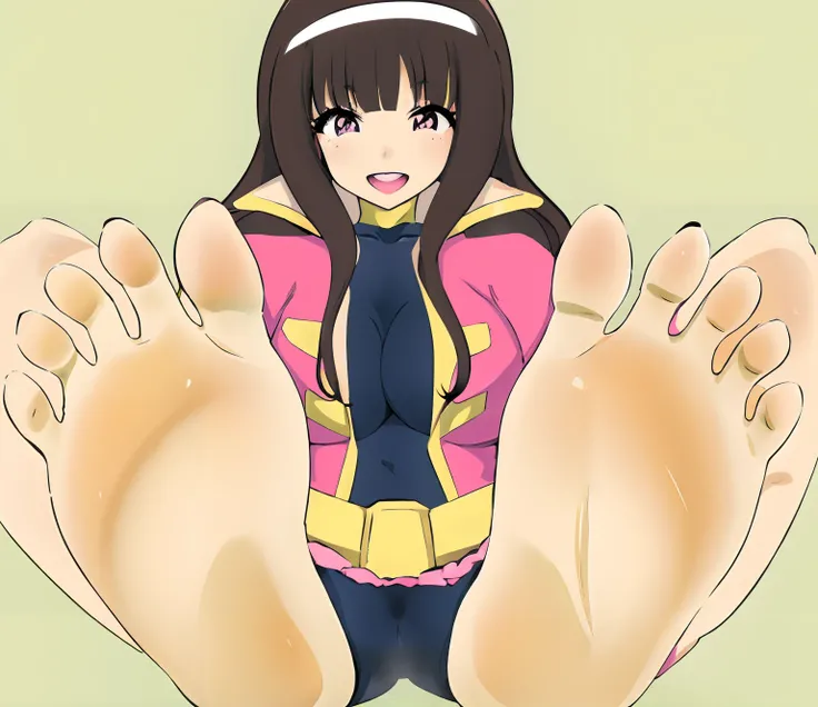 Anime girl with big hands and big feet in pink and yellow costume, hands behind her body pose!, shrugging arms, nanogirl, Pose(Arms up + Happy), Expose your arms, full body zenkai! asuka suit, Anime Manga Robot!! Anime Girl, Portrait of a female anime hero...