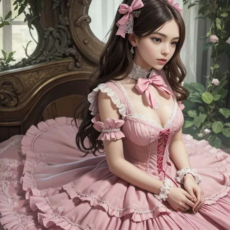 best quality, masterpiece, best definition, artwork, super detailed, many details, details, detailed, woman, 20 years, full body, full body, ball gown, super detailed dress, long dress, dress with many ruffles, dress with many bows, pink bows, victorian dr...