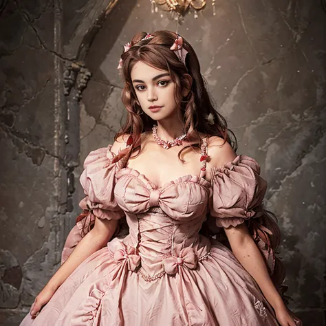 best quality, masterpiece, best definition, artwork, super detailed, many details, details, detailed, woman, 20 years, full body, full body, ball gown, super detailed dress, long dress, dress with many ruffles, dress with many bows, pink bows, victorian dr...